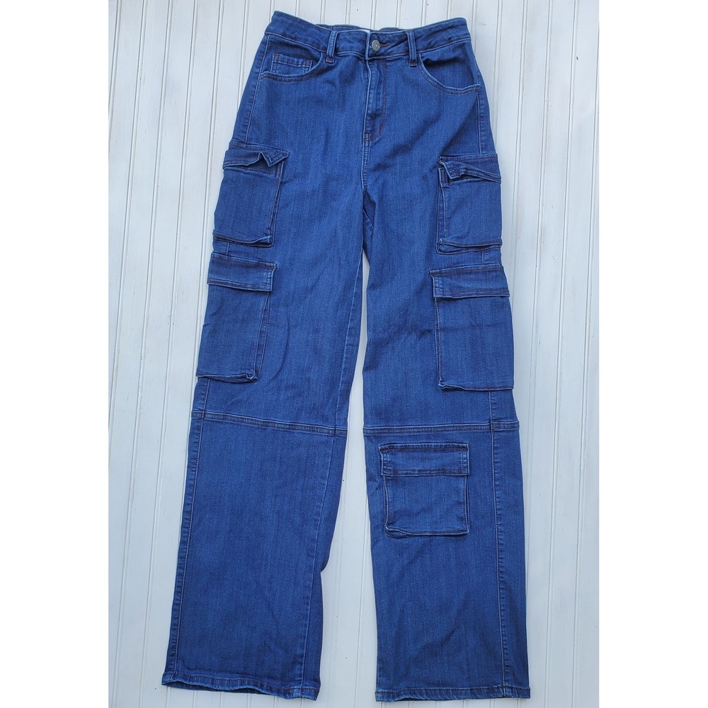 Encore Jeans Womens Medium Cargo Wide Leg Denim Blue High Rise Pockets Medium